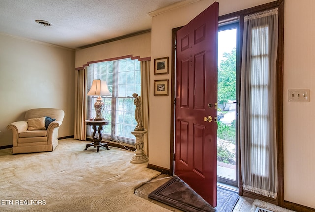 carpeted foyer entrance with crown molding and a textured ceiling