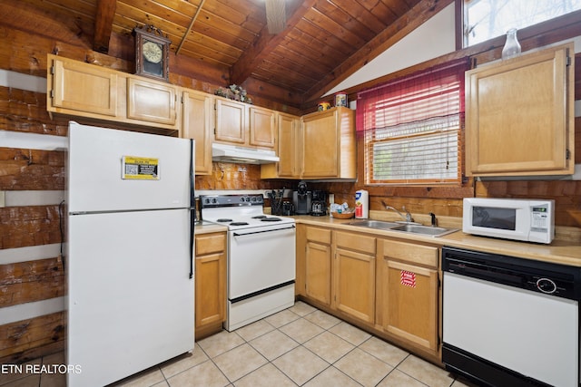 kitchen featuring wooden ceiling, white appliances, vaulted ceiling with beams, and a healthy amount of sunlight