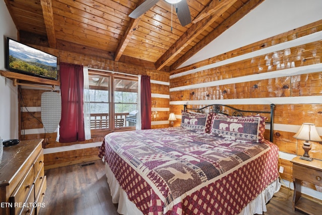 bedroom with wood walls, dark hardwood / wood-style flooring, vaulted ceiling with beams, wooden ceiling, and ceiling fan