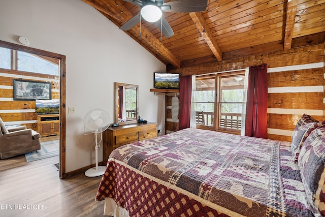 bedroom featuring ceiling fan, beam ceiling, wooden walls, dark hardwood / wood-style floors, and wooden ceiling