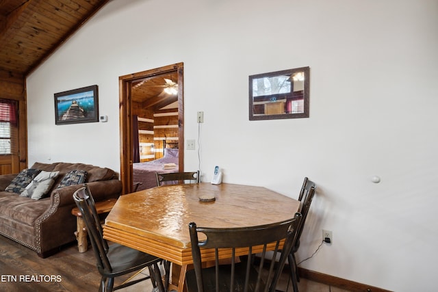 dining area featuring high vaulted ceiling, ceiling fan, dark hardwood / wood-style floors, wooden walls, and wood ceiling