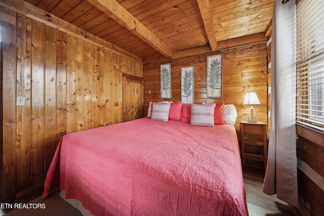 bedroom with wood walls, beam ceiling, dark hardwood / wood-style floors, and wooden ceiling