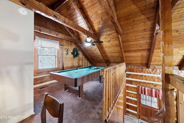 game room with wood ceiling, dark colored carpet, wooden walls, and billiards