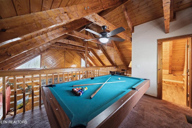 recreation room featuring dark carpet, vaulted ceiling with beams, wooden ceiling, billiards, and ceiling fan