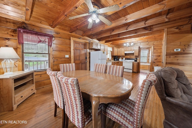 dining room with wood walls, beamed ceiling, light wood-type flooring, wooden ceiling, and ceiling fan