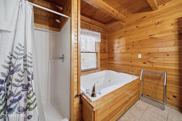 bathroom featuring wooden walls, a bathtub, wooden ceiling, tile flooring, and beam ceiling