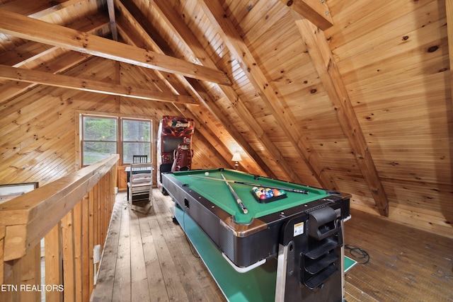 recreation room with wood ceiling, wood walls, pool table, and hardwood / wood-style flooring