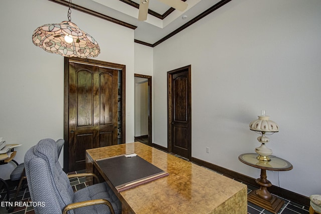 home office featuring crown molding and a high ceiling