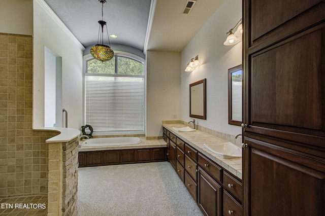 bathroom featuring vanity, a tub to relax in, and crown molding