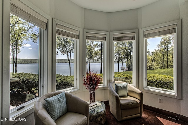 sunroom / solarium featuring a healthy amount of sunlight and a water view