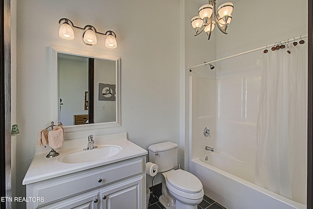 full bathroom featuring vanity, tile patterned flooring, toilet, shower / tub combo, and a chandelier