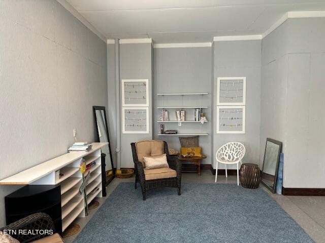 living area featuring carpet floors and ornamental molding