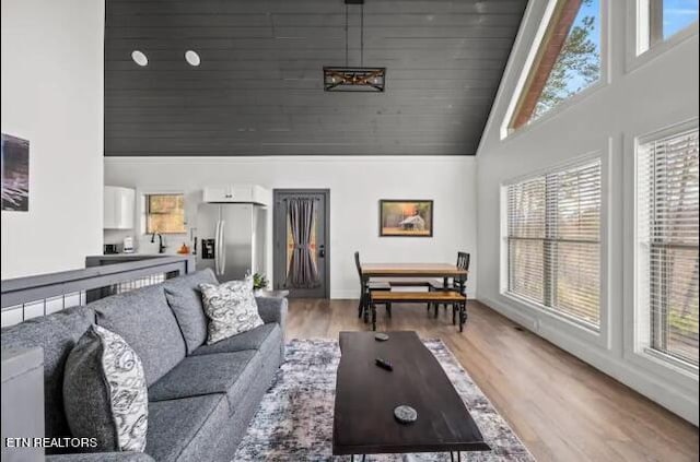 living room featuring light hardwood / wood-style floors, high vaulted ceiling, and sink