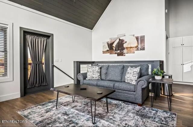 living room featuring wood ceiling, high vaulted ceiling, and dark hardwood / wood-style flooring