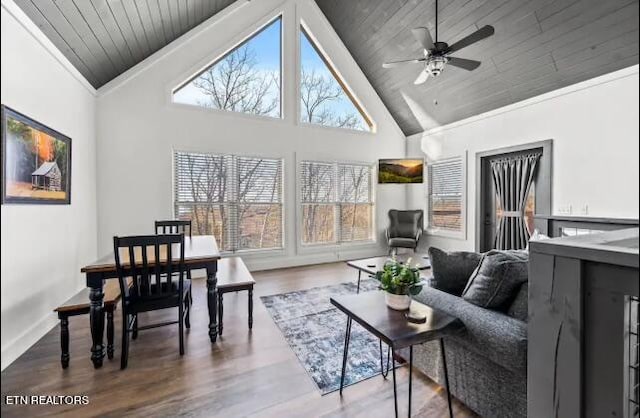 living room with high vaulted ceiling, hardwood / wood-style flooring, wood ceiling, and ceiling fan