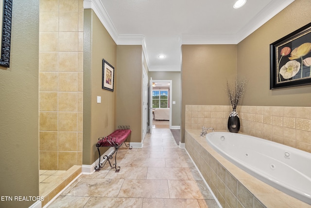 bathroom featuring ornamental molding, tile floors, and tiled bath