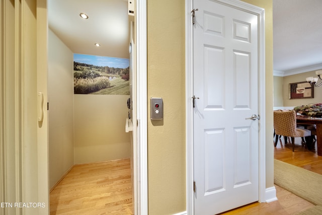 corridor featuring elevator, crown molding, and light wood-type flooring