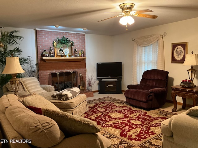 living room featuring brick wall, ceiling fan, carpet flooring, and a fireplace