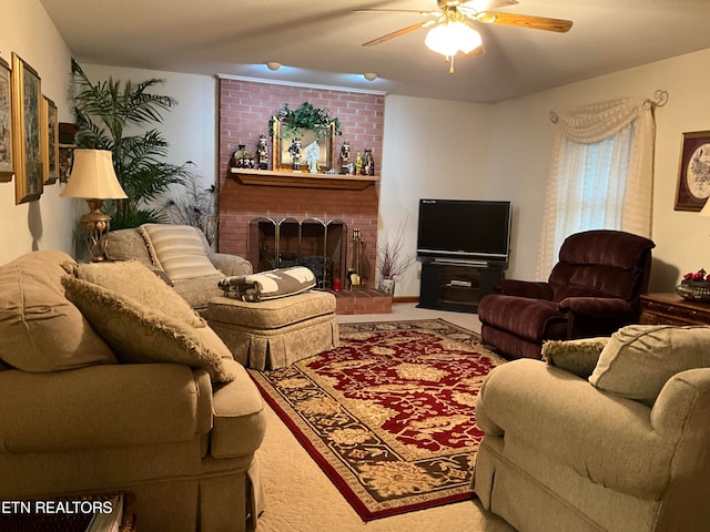 living room featuring brick wall, light carpet, ceiling fan, and a brick fireplace