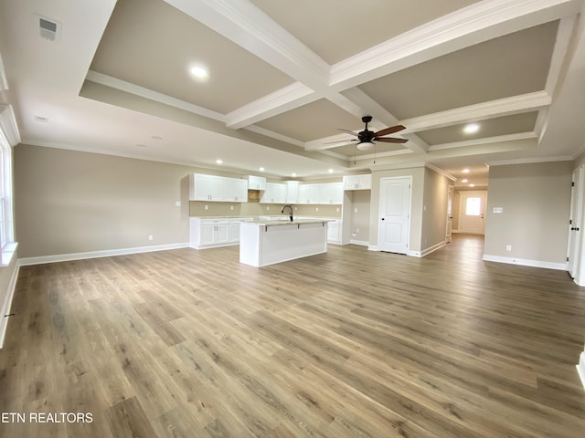 unfurnished living room with coffered ceiling, wood-type flooring, ceiling fan, beamed ceiling, and sink