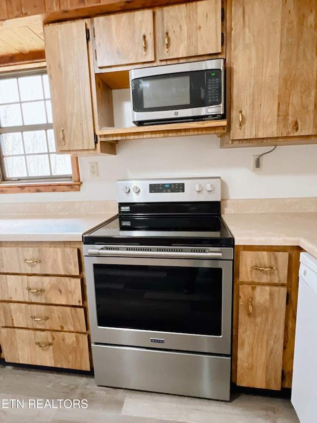 555 Lake Ln, New Tazewell, TN 37825 - kitchen with appliances with stainless steel finishes, light countertops, light brown cabinets, and light wood-style floors