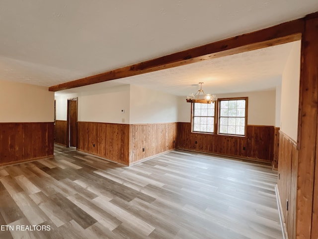 555 Lake Ln, New Tazewell, TN 37825 - unfurnished room with a wainscoted wall, wood walls, wood finished floors, a chandelier, and beam ceiling