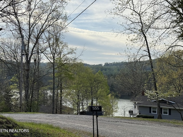 view of road featuring a wooded view and a water view