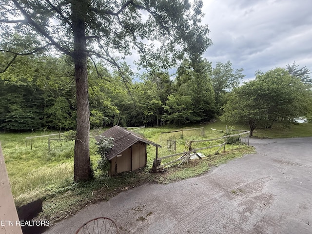 555 Lake Ln, New Tazewell, TN 37825 - view of yard featuring a storage unit and a forest view