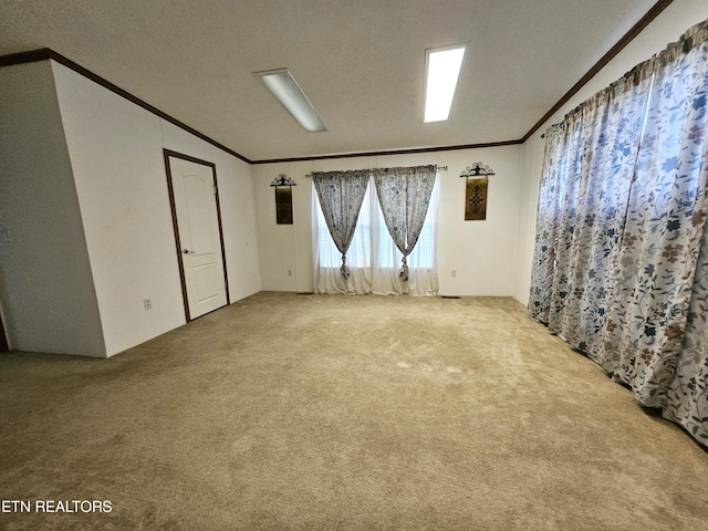 unfurnished room featuring light colored carpet, crown molding, and a textured ceiling