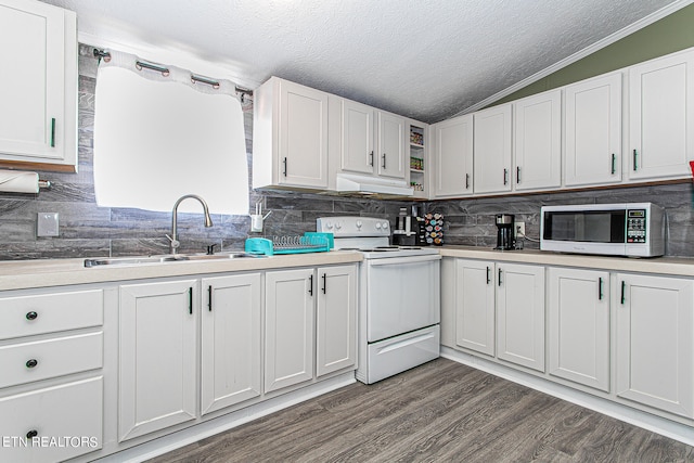 kitchen with dark hardwood / wood-style flooring, white appliances, tasteful backsplash, and white cabinetry