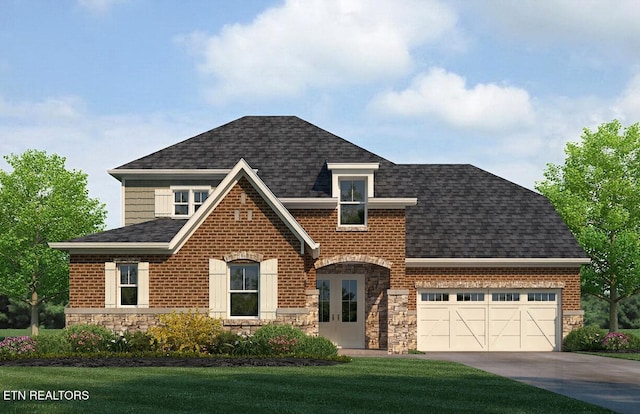 view of front of house with a garage, a shingled roof, brick siding, stone siding, and a front yard