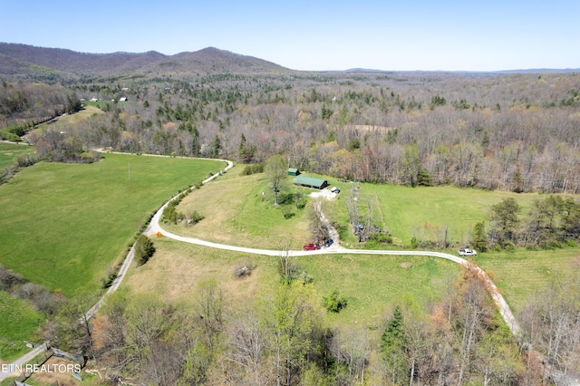 bird's eye view featuring a mountain view and a rural view