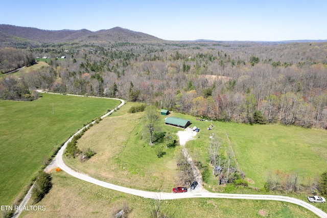 bird's eye view featuring a rural view and a mountain view