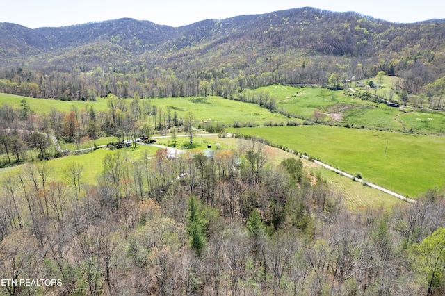 drone / aerial view featuring a mountain view and a rural view