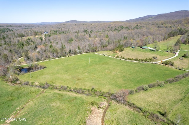 bird's eye view featuring a mountain view and a rural view