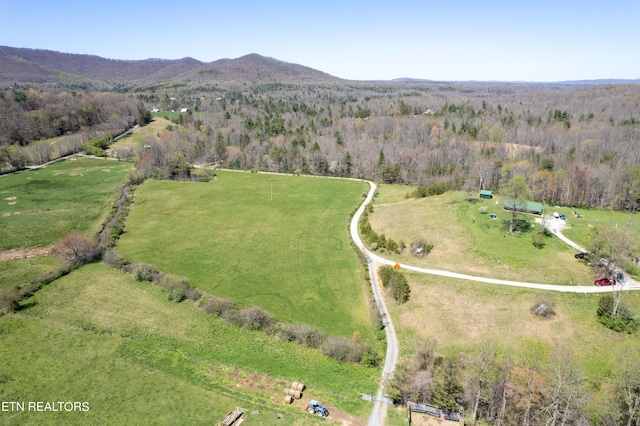 bird's eye view featuring a mountain view and a rural view