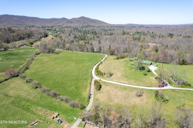 drone / aerial view with a mountain view and a rural view