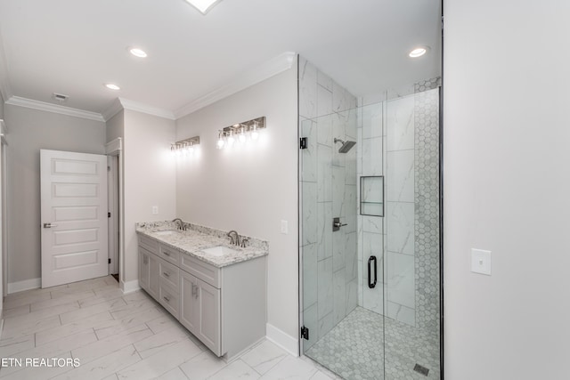 bathroom featuring vanity, an enclosed shower, and crown molding