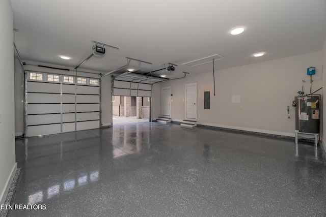 garage featuring a garage door opener, electric panel, and electric water heater