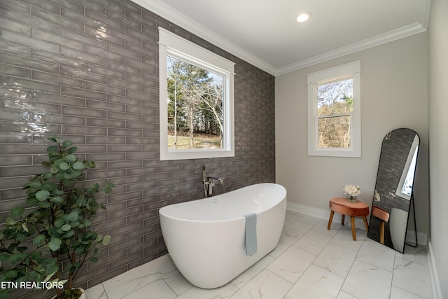 bathroom featuring crown molding and a bathtub