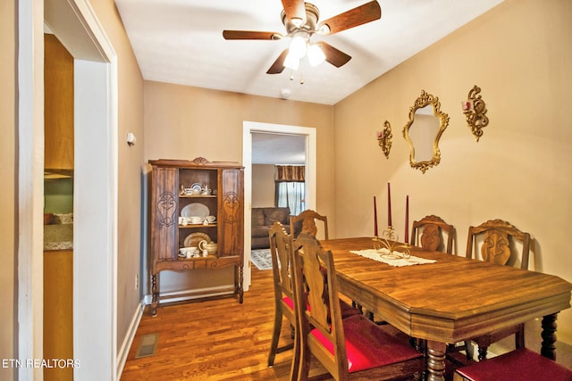 dining room featuring ceiling fan and dark hardwood / wood-style floors