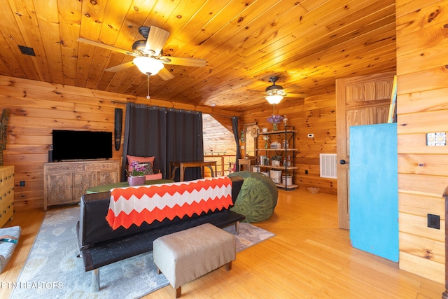 bedroom featuring wooden ceiling, light hardwood / wood-style floors, and wooden walls