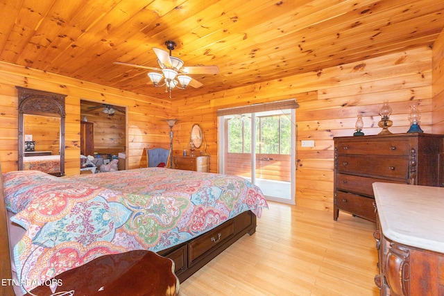 bedroom with ceiling fan, access to exterior, wooden walls, wood ceiling, and light wood-type flooring