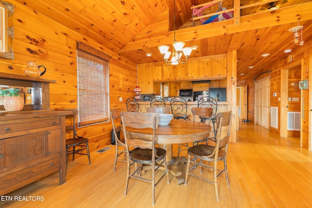 dining area featuring high vaulted ceiling, light hardwood / wood-style floors, wood ceiling, a chandelier, and wooden walls