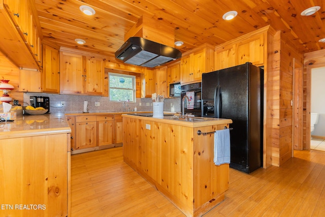 kitchen with wooden ceiling, light wood-type flooring, and black appliances