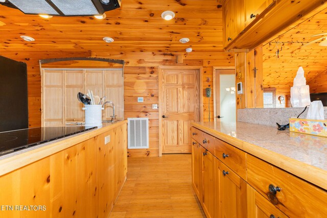 kitchen featuring sink, light stone countertops, light wood-type flooring, and wooden walls