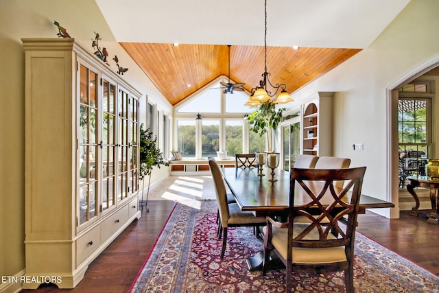 dining area with plenty of natural light, dark hardwood / wood-style flooring, and wooden ceiling