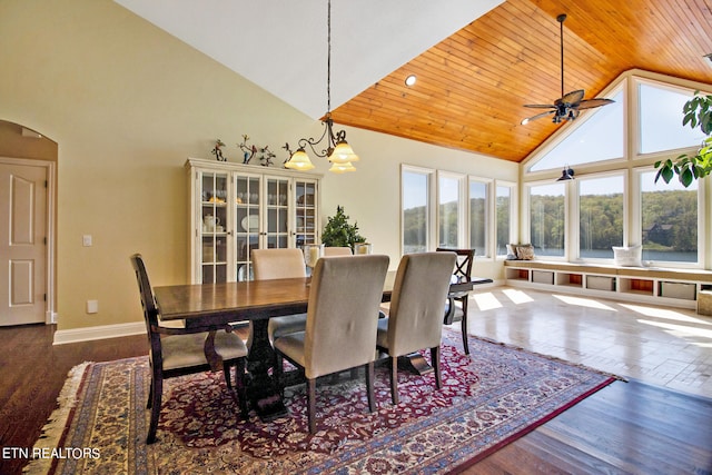 dining area featuring high vaulted ceiling, wooden ceiling, dark hardwood / wood-style flooring, and ceiling fan with notable chandelier