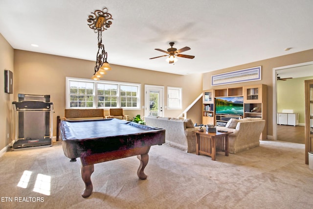 playroom with billiards, ceiling fan, and carpet floors