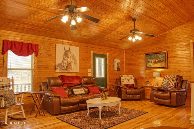 living room featuring wood ceiling, wood walls, ceiling fan, and light hardwood / wood-style floors